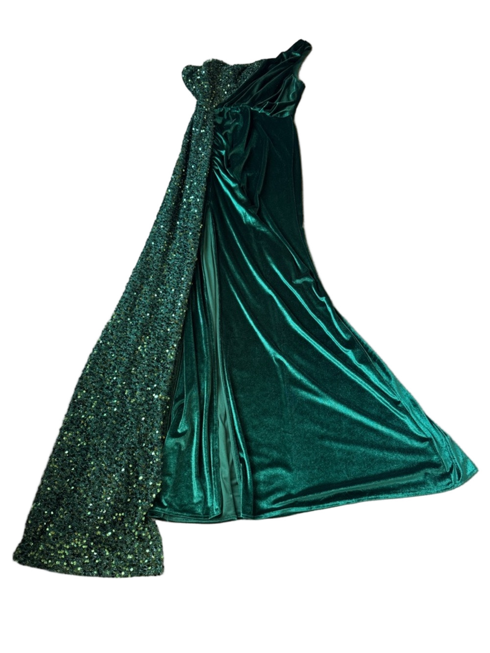Miss Ord Emerald Green One Shoulder Formal Gown Sequin Velvet Maxi Dress SIZE L